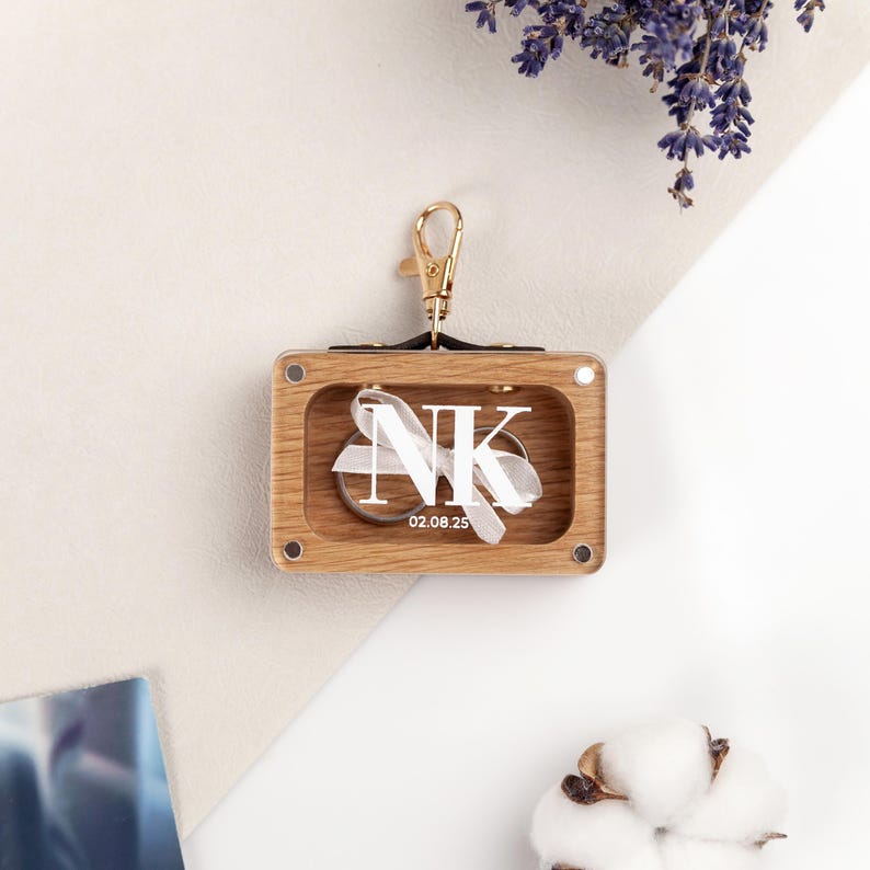 Oak pet ring box with magnetic lid and personalization
