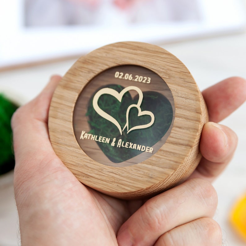 Customized Ring holder for wedding ceremony ring pillow wooden, 1st anniversary gift for wife, personalized heart engagement ring box image 2