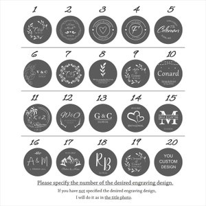 May include: A chart with 20 different designs for custom engraved wooden circles. Each circle features a different design, including initials, dates, and hearts. The chart is labeled with numbers 1 through 20.