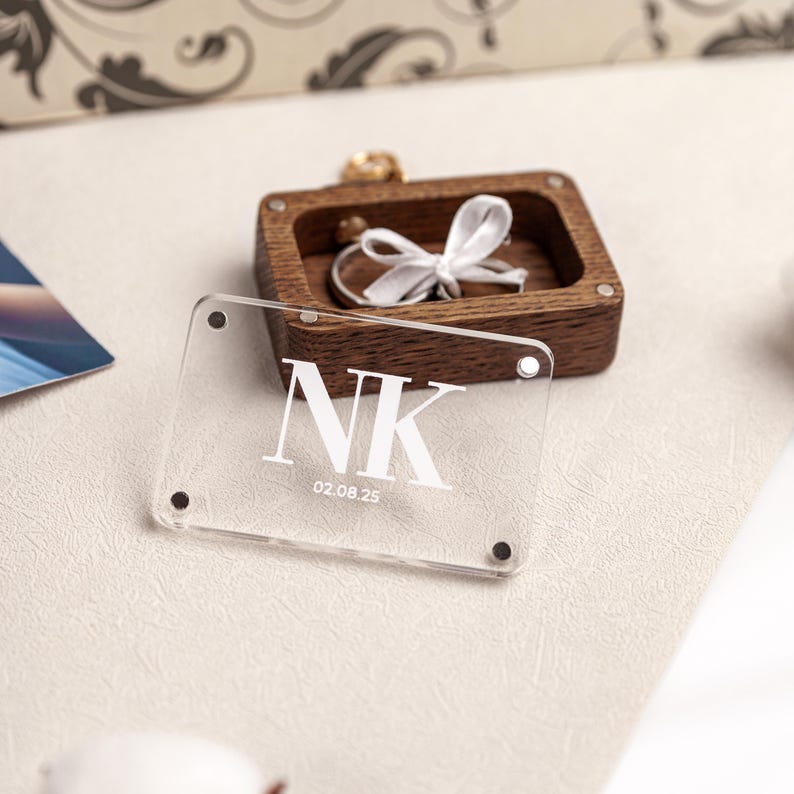 Dog ring bearer box crafted from oak wood with custom engraving.