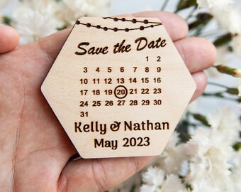 Sparen de kalender van datummagneten Douane | Huwelijksgunstmagneten | Bruiloft rustieke dank u houten magneten | Zeshoekige houten magneten op maat 18.