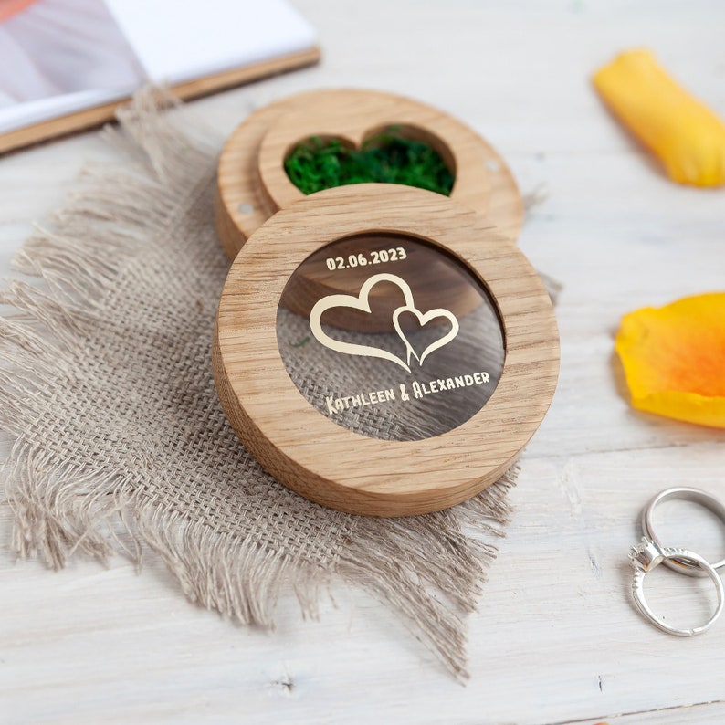Customized Ring holder for wedding ceremony ring pillow wooden, 1st anniversary gift for wife, personalized heart engagement ring box image 1