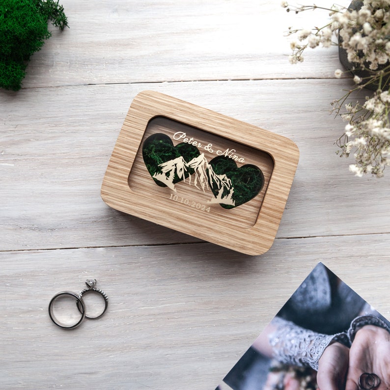 Wedding Ring box for ceremony, engagement ring box, custom wooden ring bearer pillows, Personalized mountains ring holder, ring bearer box zdjęcie 6