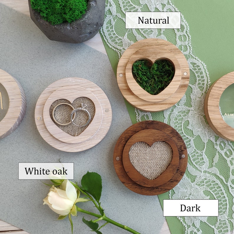 Customized Ring holder for wedding ceremony ring pillow wooden, 1st anniversary gift for wife, personalized heart engagement ring box image 9