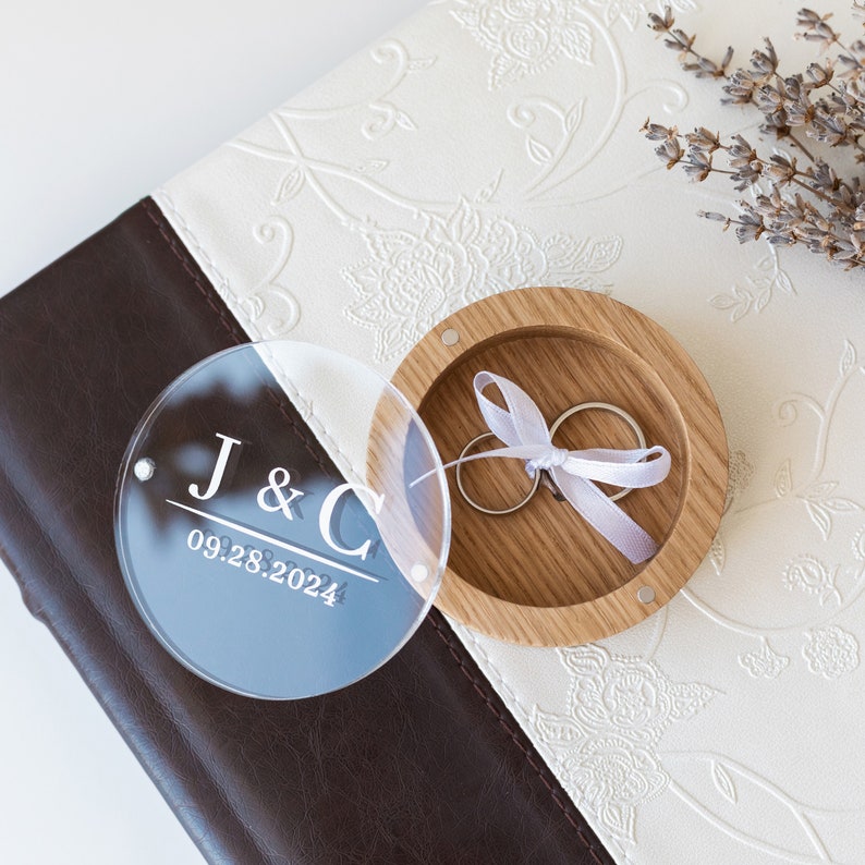 Rustic oak ring box with clear acrylic lid and personalized engraving
