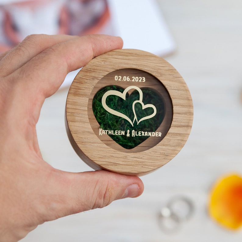 Customized Ring holder for wedding ceremony ring pillow wooden, 1st anniversary gift for wife, personalized heart engagement ring box image 5