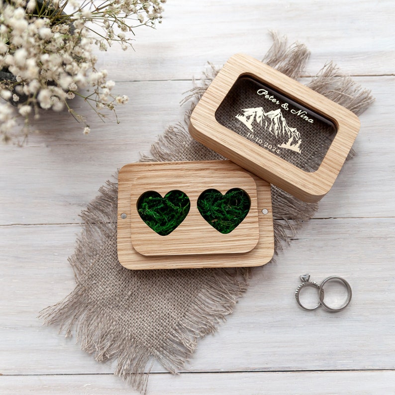 Wedding Ring box for ceremony, engagement ring box, custom wooden ring bearer pillows, Personalized mountains ring holder, ring bearer box zdjęcie 5