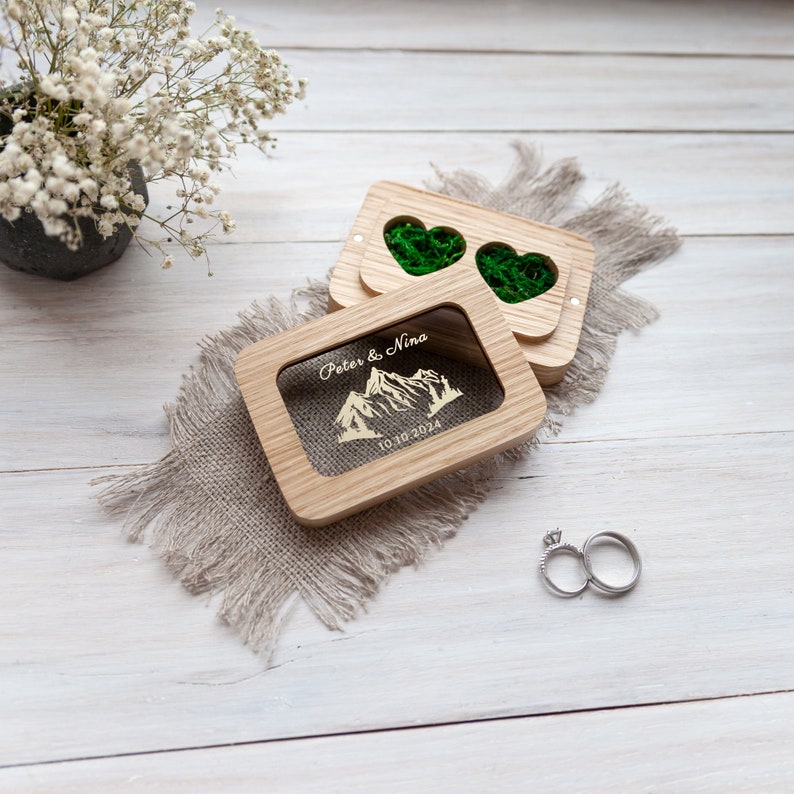 Wedding Ring box for ceremony, engagement ring box, custom wooden ring bearer pillows, Personalized mountains ring holder, ring bearer box zdjęcie 7