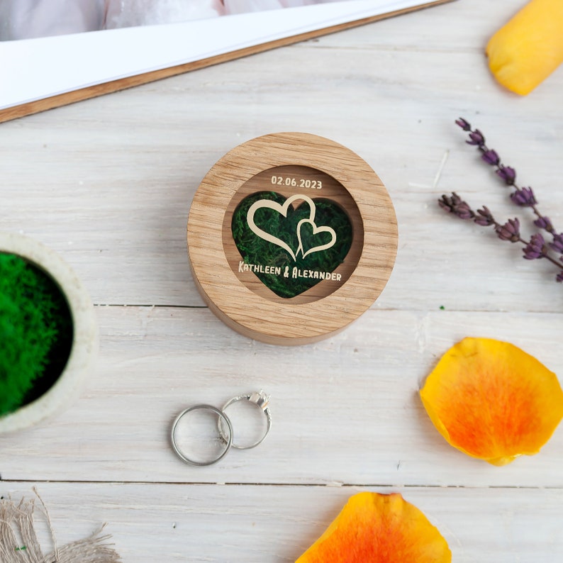 Customized Ring holder for wedding ceremony ring pillow wooden, 1st anniversary gift for wife, personalized heart engagement ring box image 10
