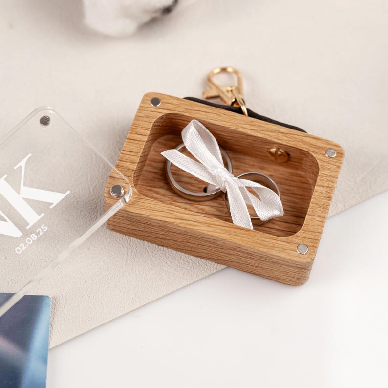 Dog-friendly wooden ring carrier box engraved with initials