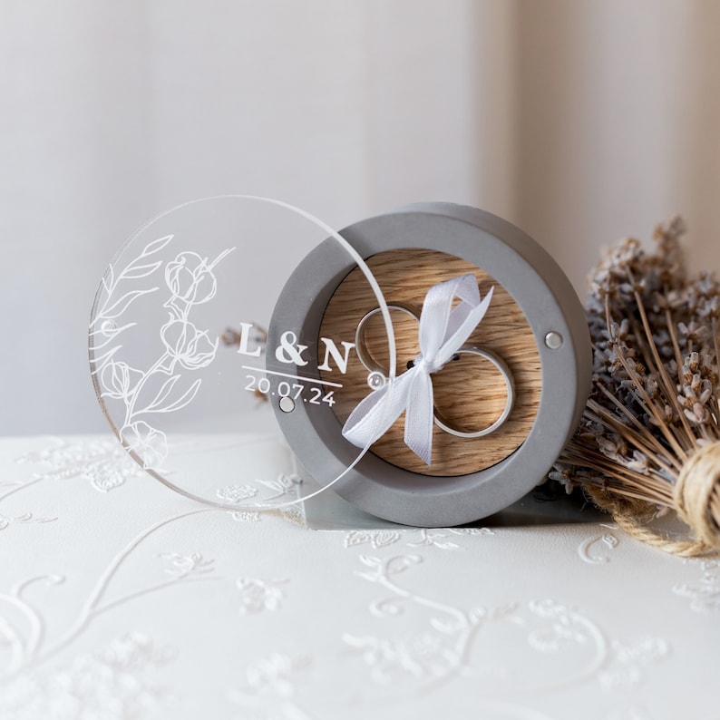 Magnetic gray gypsum ring box for wedding ceremony, beautifully crafted and personalized
