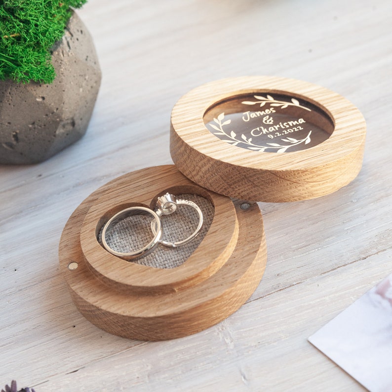 Engagement ring box for wedding ceremony, ringkissen, gold Engagement ring holder custom wooden ringbox hochzeit, Hölzerne ring pillow glass image 7