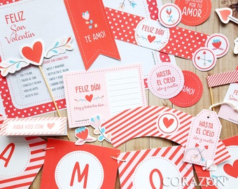 Könnte beinhalten: Ein Set druckbarer Valentinstags-Partydekorationen mit roten und weißen Streifen, Herzen und dem Text "Feliz San Valentin", "Feliz Dia!" und "Hasta el Cielo ida y vuelta".