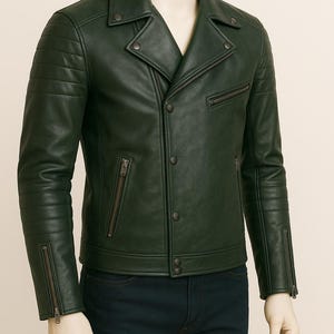 Men&#39;s Biker Leather Jacket-Men&#39;s Green Motorcycle Leather Jacket-Classic Wear For Men-Gift from Her-Real Lambskin Handmade Leather Jacket