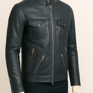 Men&#39;s Motorcycle Leather Jacket-Blue Leather Jacket For Men-Genuine Sheepskin Leather Jacket-Classic Street Style Slim Fit Leather Jacket