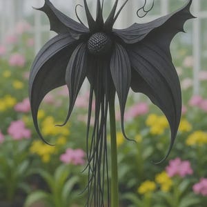 Puede incluir: Una llamativa flor negra con pétalos únicos en forma de ala de murciélago y delicados zarcillos colgantes. El centro de la flor tiene una forma esférica texturizada. El tallo es de un verde vibrante, sobre un fondo borroso de flores coloridas.