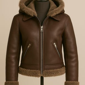 Giacca bomber in pelle con cappuccio marrone da donna - Cappotto in pelle shearling di ispirazione vintage da donna - Giacca in pelle calda da donna - Regalo di lusso per lei