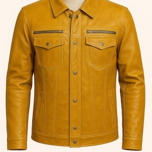Men&#39;s Yellow Leather Jacket-Slim Fit Motorcycle Style Genuine Sheepskin Leather Jacket For Men-Custom Handmade Real Leather Jacket For Men