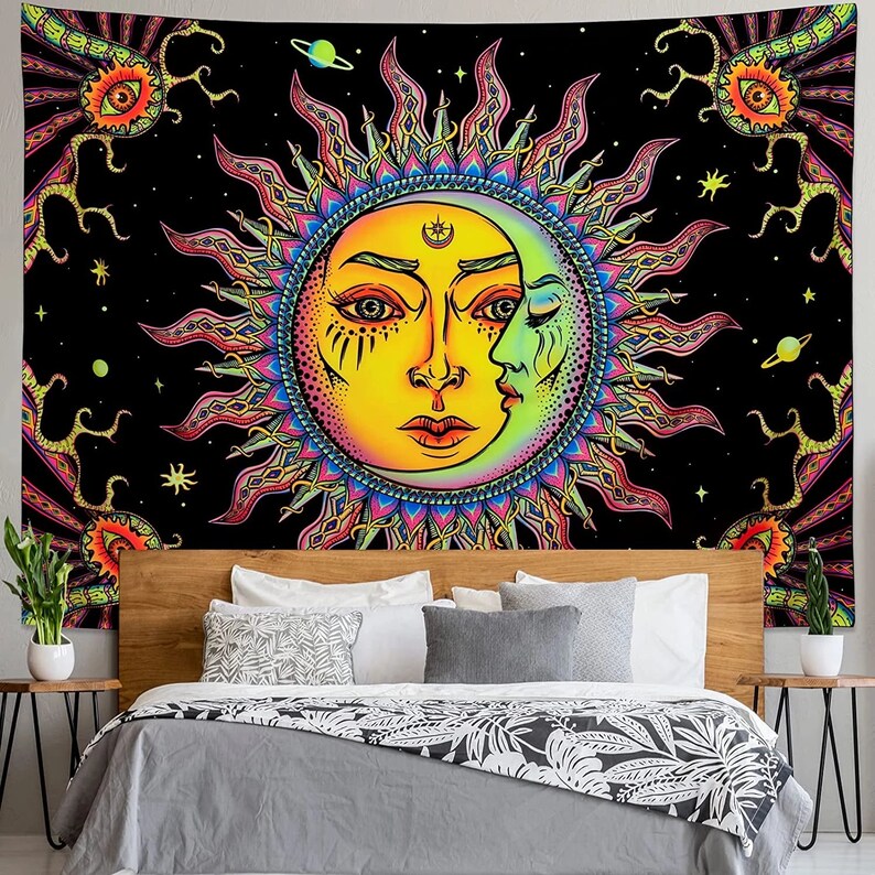 Sun and Moon Blacklight Tapestry Trippy UV Reactive Tapestry - Etsy