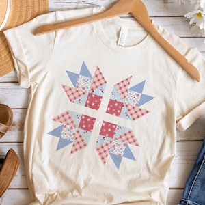 Quilt Shirt, Bear Paw Block,  Fourth of July T-shirt , Memorial Day Tee, Patriotic Bear Paw Print Quilt Shirt, Crafter Clothing, Quilter top