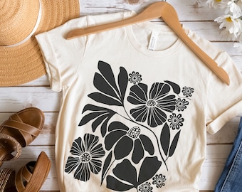 Wildflower shirt, Flower tee, Black Botanical Neutral t-shirt, Flower Market top, Slimming festival shirt, Minimalist Floral tshirt, Matisse