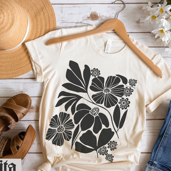 Wildflower shirt, Flower tee, Black Botanical Neutral t-shirt, Flower Market top, Slimming festival shirt, Minimalist Floral tshirt, Matisse