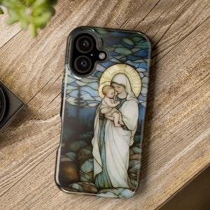 Religiöst telefonskal, Magsafe katolskt iPhoneskal, Målat glas Maria och Jesus, Trofast gåva, Religiös gåva för iPhone 16 15 14 13