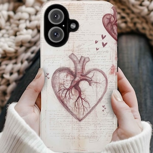 Funda para iPhone con corazón gótico, funda con dibujo de anatomía del corazón, funda Magsafe alternativa para iPhone 16, 15, 14 y 13. Diseño macabro de corazón oscuro.