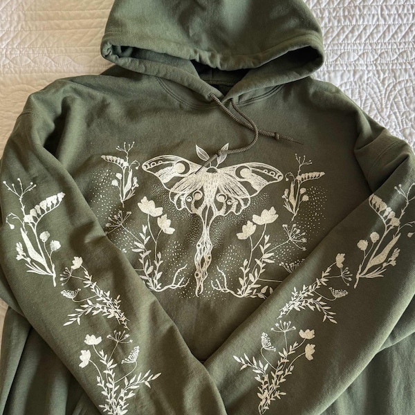 Luna Moth Graphic Hoodie, Fairy Core Arm Print Hoodie, Lunar Moth Sweatshirt, Moon Moth Shirt, Dark Academia Clothing Gift For Goth Gardener
