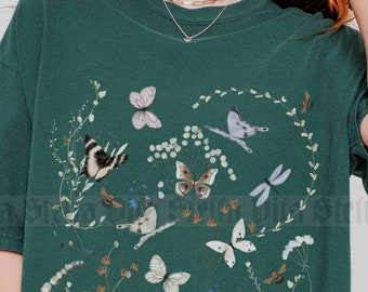 Butterfly Wildflower Shirt, Wild Flower Comfort Colors Tshirt, Moth Shirt, Floral Tshirt, Cottage Core Shirt,