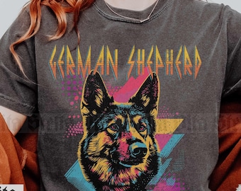 German Shepherd Comfort Colors T Shirt, 80s Rock and Roll GSD Mom Tee, Gift for German Shepherd Owner, Dog Dad Tshirt, German Shepherd Gifts
