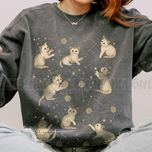 Cat Stars Long Sleeve Shirt, Comfort Colors Celestial Shirt Moon Shirt Moon Graphic Sweatshirt Moon Phase Astronomy, Boho Astrology Tshirt