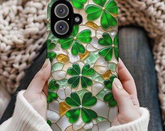 St Patricks Day Phone Case, Stained Glass Shamrocks Phone Case,  Irish Phone Cover, Protective Phone Cases, Magsafe,  iPhone 16 15 14 13