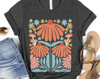 Chemise à fleurs et champignons, t-shirt à fleurs sauvages, t-shirt à fleurs, chemise folk minimaliste, haut bohème à fleurs, chemise de festival, cadeau pour un ami,
