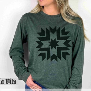 Quilt Block Shirt Quilt Long Sleeve Tee, Bold Quilt Block, Long Sleeve Tee, Quilting Gift For Mom Quilter, Cottage Core Quilt Shirt