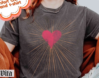 Sacred Heart Distressed Comfort Colors Shirt, Celestial Heart Tshirt, Valentines Shirt, Catholic Heart , Garment Dyed, Boho, Oversized
