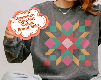 Quilt Block Sweatshirt, Cottage Core Comfort Colors Sweatshirt, Jewel Colored Christmas Quilt Block Shirt, Quilt Retreat Shirt