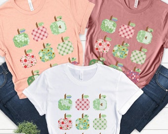 Chemise courtepointe, T-shirt courtepointe, Chemise courtepointe d'automne, Vêtements cottage, T-shirt pommes matelassés, T-shirt cueillette de pommes, Rentrée des classes, Chemise enseignant