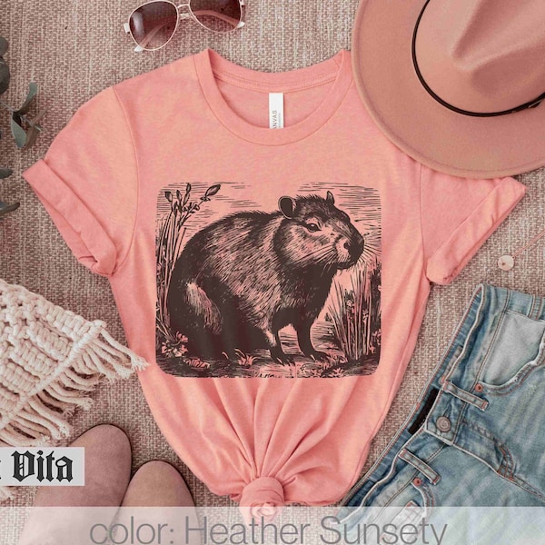 Capybara Shirt, Cottagecore Minimalist TShirt, Lino Print Tee, Gift for Her, Whimsical Folk Art Animal Lover T-Shirt , Cottage Core