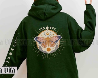 Hoodie Luna Moth, bedrukte mouw maanfase, grafisch sweatshirt Celestial Luna Moth, maanfase cadeau voor vriend