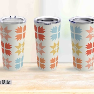 Quilt Block Travel Mug Gift For Quilter 12 Block Mod Color, Modern Quilting, Cottage Core Design, Quilt Cup Tumbler 20oz, Quilter Gift