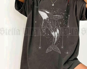 Orca Shirt, Whales Tshirt, Celestial Orcas Graphic Tee, Astrology Shirt, Orca Whale, Boho Spiritual Graphic Tee, Oversized Space Whale Shirt
