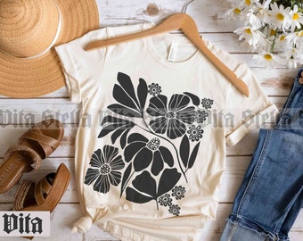 Wildflower shirt, Flower tee, Black Botanical Neutral t-shirt, Flower Market top, Slimming festival shirt, Minimalist Floral tshirt, Matisse