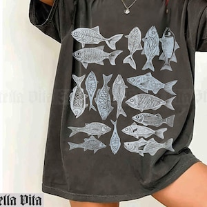 Sardines Shirt Woodcut Style Boho Fisherman Aesthetic, Comfort Colors Graphic Tee, Fish Ocean Inspired Style, Coastal Aesthetic, Beach Top
