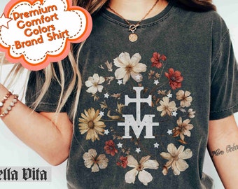 Marian Catholic Shirt, Virgin Mary Tshirt, Catholic Gifts for Women, Comfort Colors T-shirt, Marian Cross, Floral Women Religious Shirts
