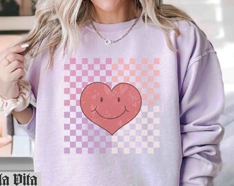 Heart Smiley Shirt Positivity Valentine Tee Comfort Colors,Long Sleeve Tshirt, Oversized, Boho Sweatshirt, Valentines Day Teacher, Love
