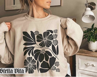 Wildflower sweatshirt, Minimalist Floral shirt, Flower shirt, Black Botanical Neutral shirt, Flower Market top, Slimming festival,  Matisse