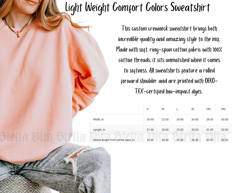 May include: A light pink crewneck sweatshirt with a rolled forward shoulder. The sweatshirt is made of soft, ring-spun cotton fabric with 100% cotton threads. The size chart shows the width, length, and sleeve length in inches for sizes S through 3XL.