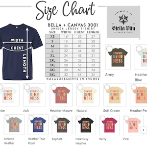 K&ouml;nnte beinhalten: Gr&ouml;&szlig;entabelle f&uuml;r Bella + Canvas 3001 Unisex-Jersey-T-Shirts. Die Tabelle zeigt die Ma&szlig;e f&uuml;r Breite, Brust und L&auml;nge in Zoll f&uuml;r die Gr&ouml;&szlig;en XS bis 5XL. Das Bild zeigt auch eine Vielzahl von T-Shirt-Farben mit dem aufgedruckten Text "Choose Kindness".