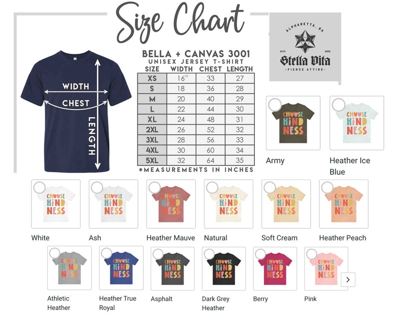 K&ouml;nnte beinhalten: Gr&ouml;&szlig;entabelle f&uuml;r Bella + Canvas 3001 Unisex-Jersey-T-Shirts. Die Tabelle zeigt die Ma&szlig;e f&uuml;r Breite, Brust und L&auml;nge in Zoll f&uuml;r die Gr&ouml;&szlig;en XS bis 5XL. Das Bild zeigt auch eine Vielzahl von T-Shirt-Farben mit dem aufgedruckten Text "Choose Kindness".